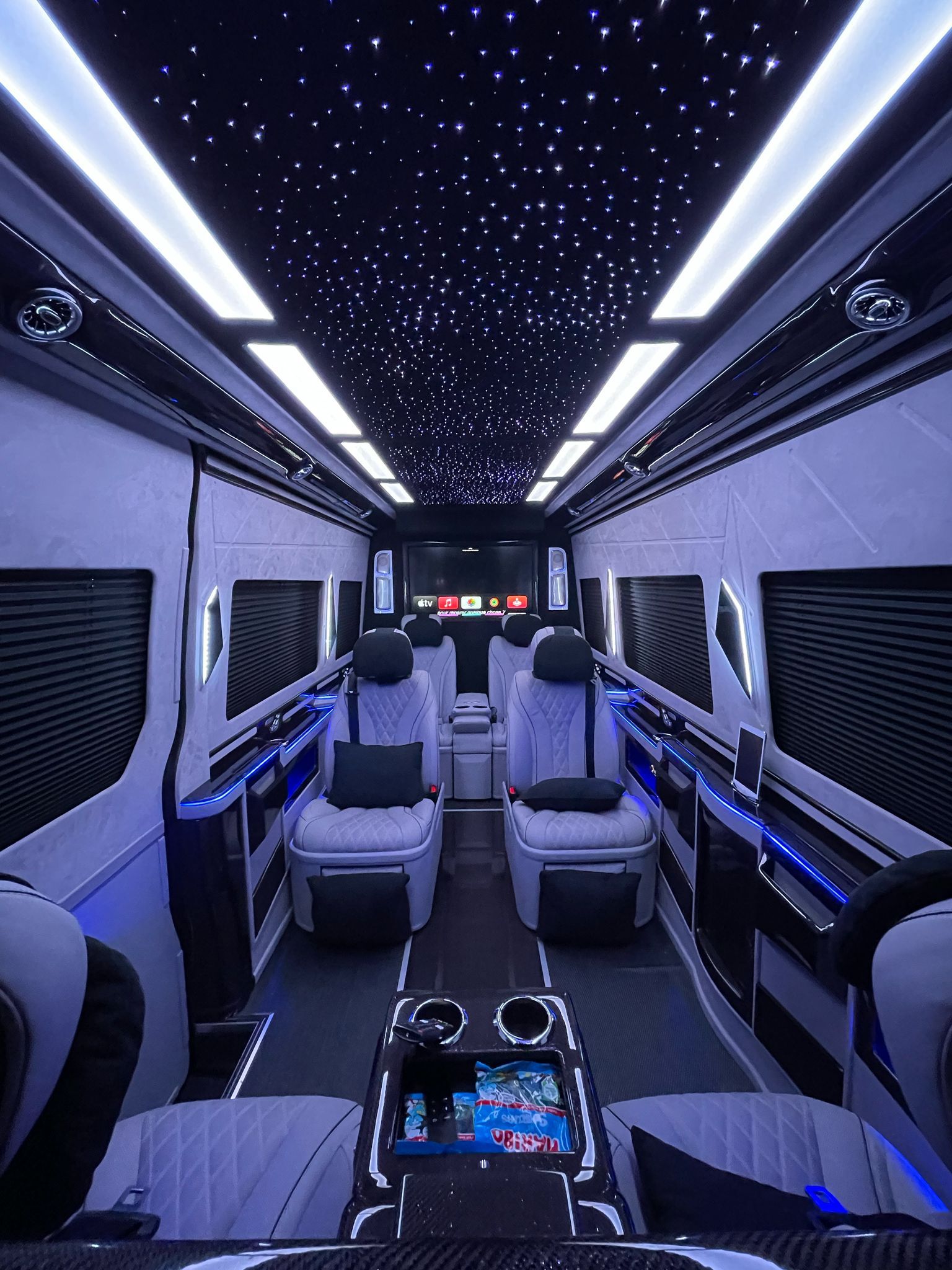 Mercedes-Benz Monaco Sprinter chauffeur van in London with cream Senzati Jet Lux interior, TV and PlayStation