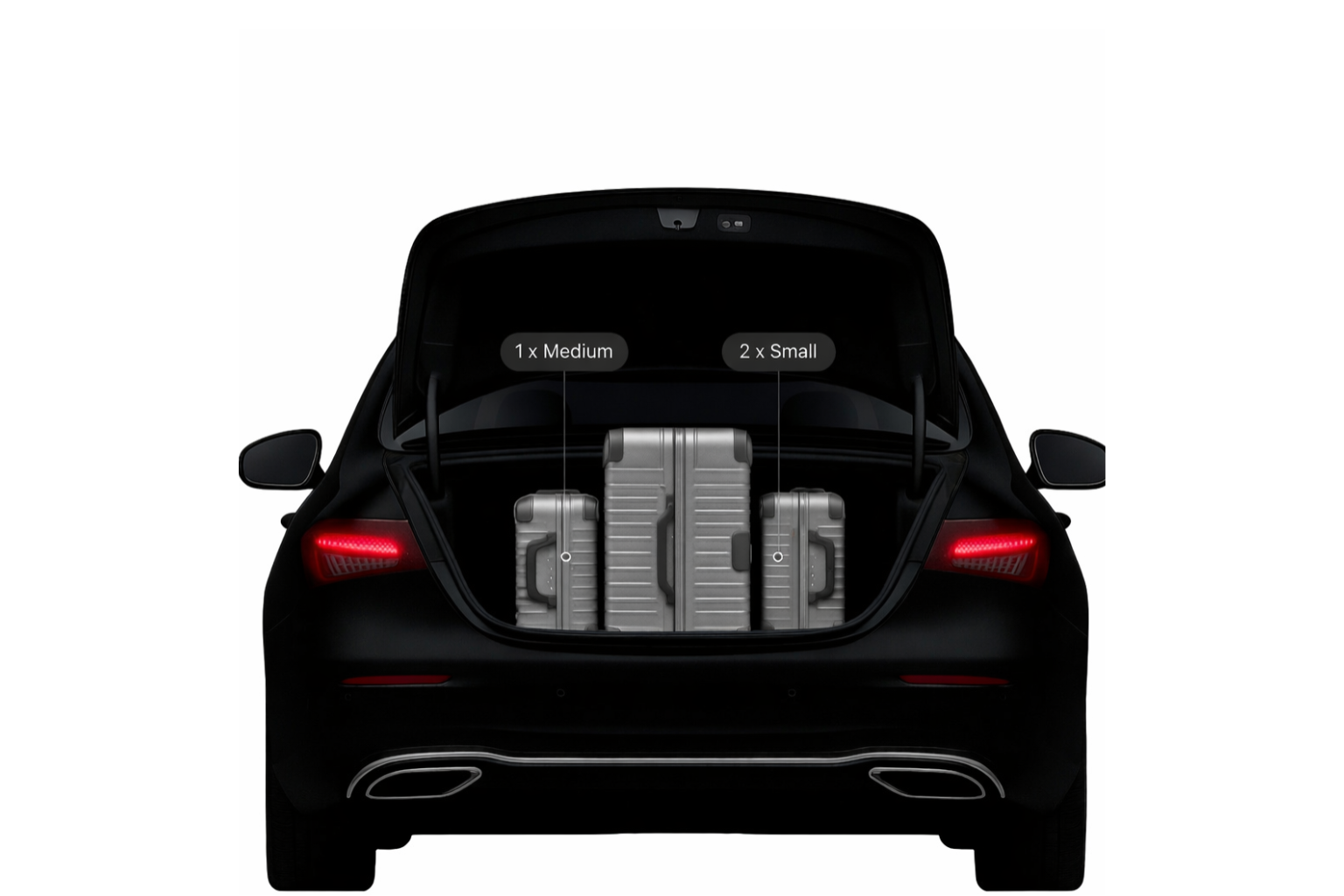 Luxury chauffeur car boot showing 1 medium and 2 small suitcases neatly fitted in the trunk of a premium executive sedan