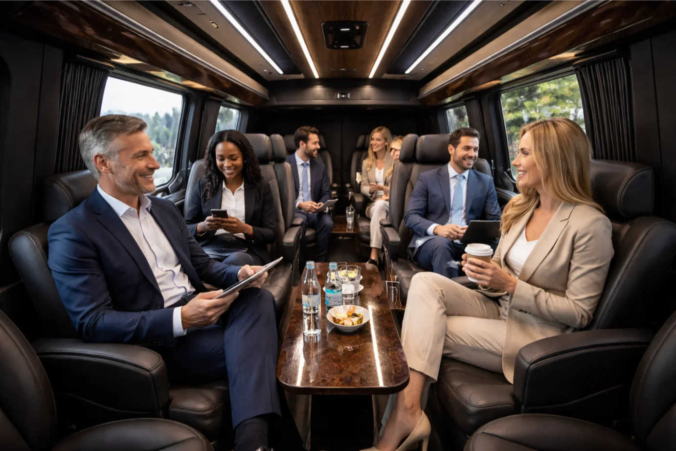 Luxury Mercedes-Benz Sprinter chauffeur interior with group of business passengers travelling in London