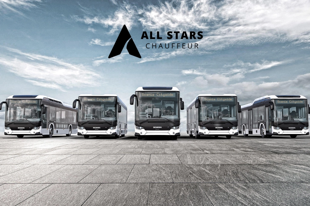 Luxury Scania bus fleet operated by All Stars Chauffeur providing executive coach hire, corporate group transportation, airport transfers, event travel, and private bus hire across London and the United Kingdom.
